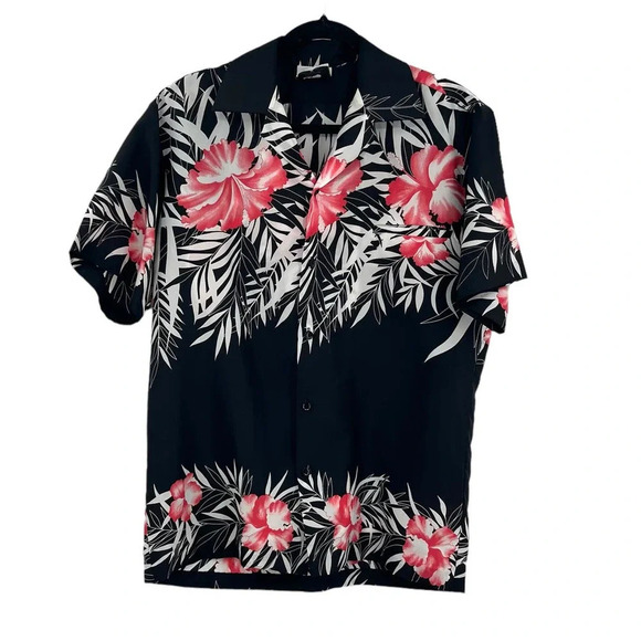 Hilo Hattie Vintage Men's Hawaiian Button Down Short Sleeve‎ Shirt Black Medium